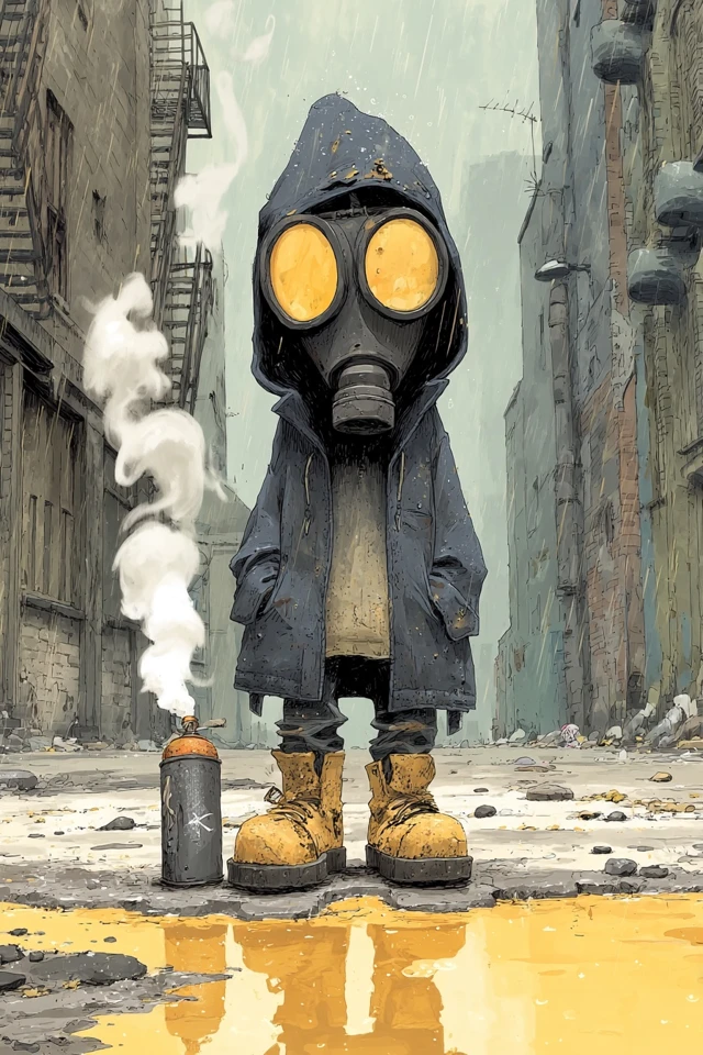 Dystopian Art Gas Mask Figure Alleyway