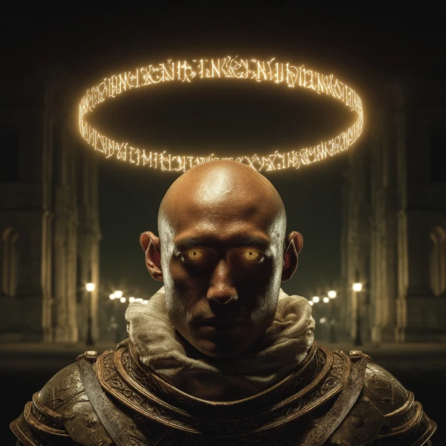 Bald Man with Halo in Gothic Street