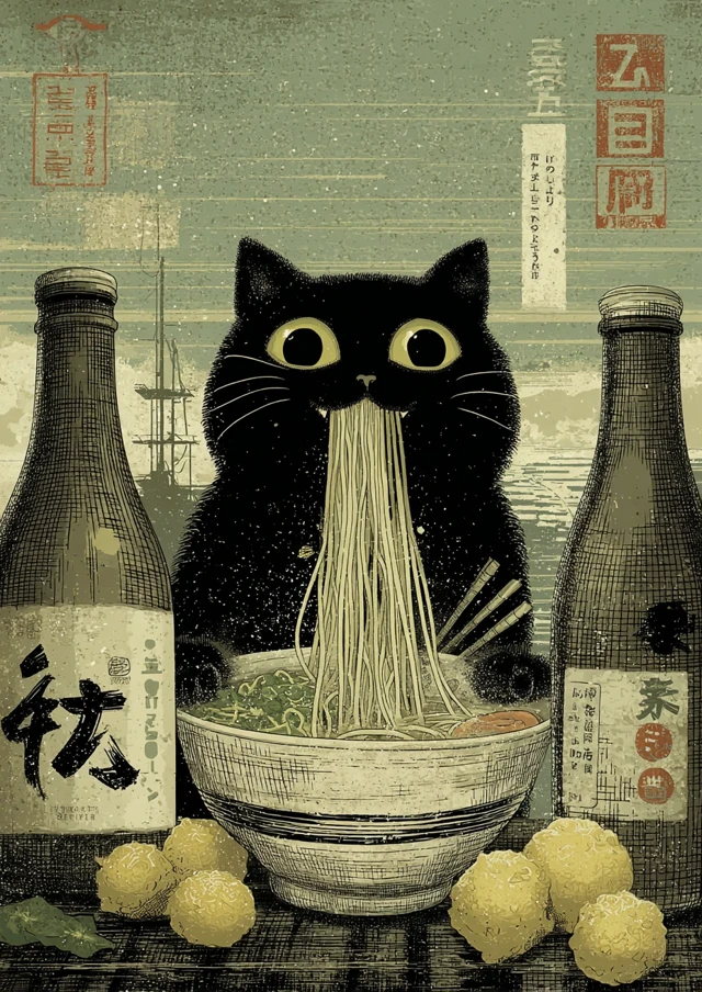 Ukiyo-e Cat Ramen Illustration