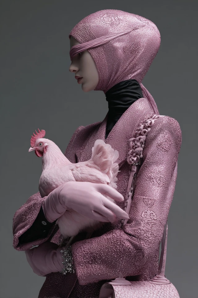 Fashion Model Holding Pink Chicken Balenciaga Style