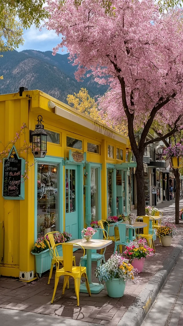 Yellow Cafe with Cherry Blossoms and Mountain View