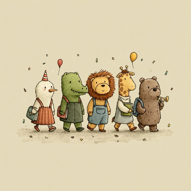Animal Parade Going to School Cute Illustration