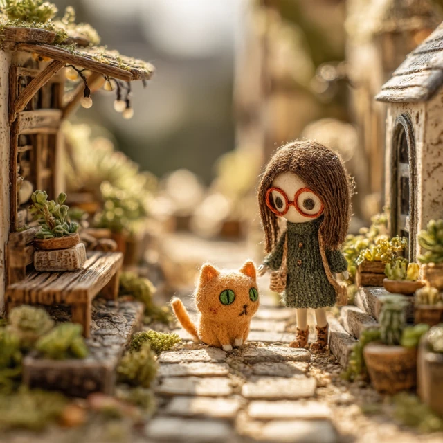 Miniature Diorama Girl and Cat in a Garden