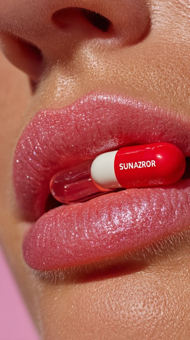 Close Up of Lips Holding Sunrazor Pill Product Photo