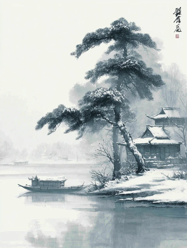 Chinese Ink Wash Snow Landscape Painting Zen Style
