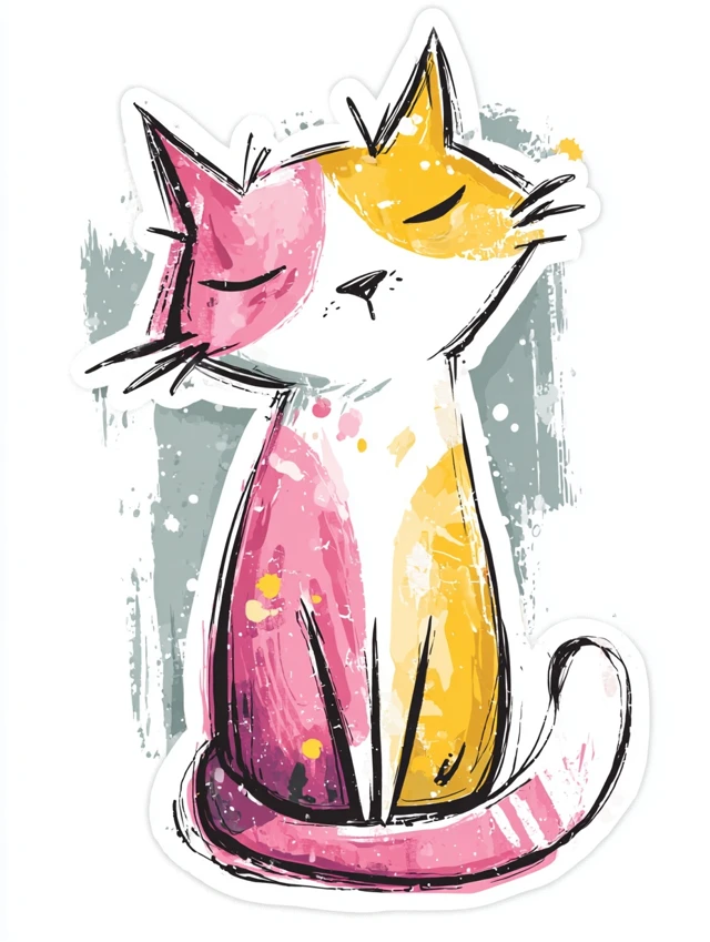 Cute Cartoon Cat Sticker in Pink and Yellow Colors