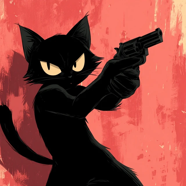 Black Cat with a Gun Animated Illustration