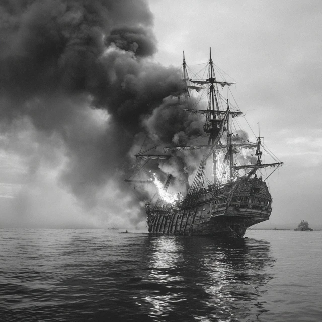 Burning Ship Black and White Illustration