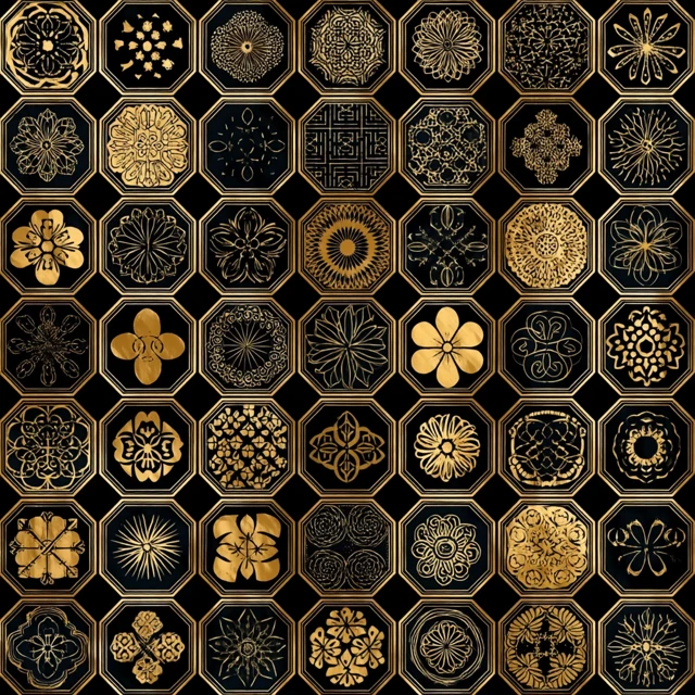 Japanese Kamon Seamless Pattern Gold on Black