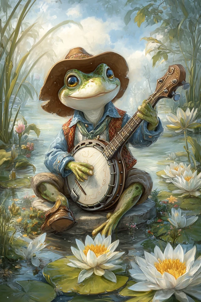 Banjo Playing Frog Illustration in Tiago Hoisel Style