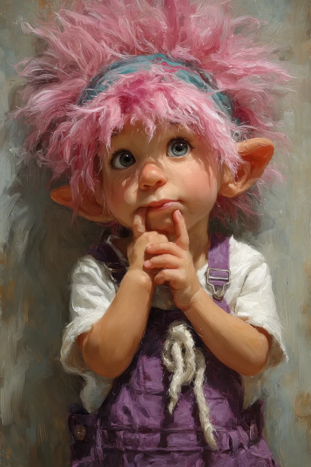 Adorable Baby Gnome Girl in Purple Overalls Art