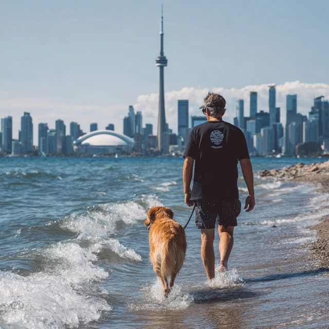 Toronto Beach Walk Man and Golden Retriever