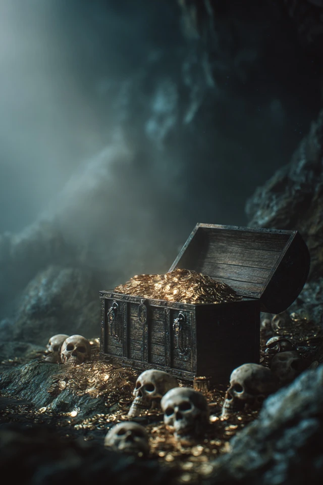 Treasure Chest in a Cave of Gold and Skulls