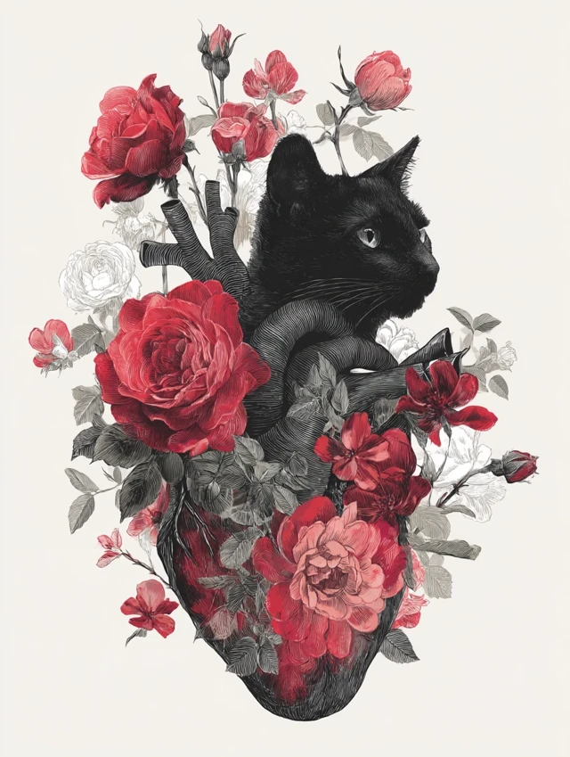 Black Cat Heart Anatomy with Red Roses Illustration