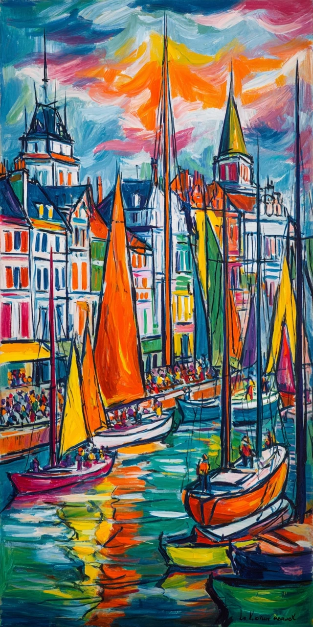 Abstract Painting Sailboats in Deauville Harbor Art