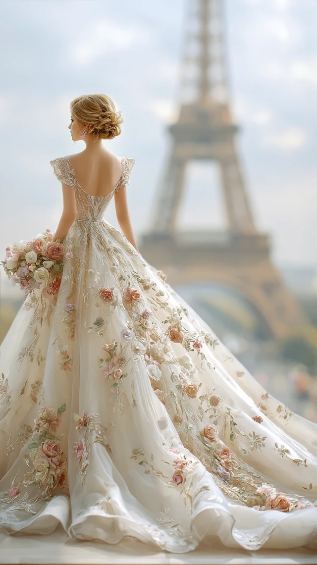 Wedding Dress in Paris Romantic Night Scene