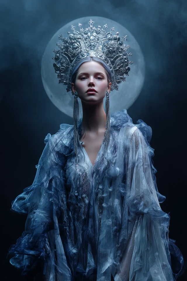 Dreamlike Queen in Silver Gown and Antique Crown