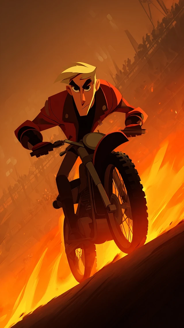 Motorcycle Stuntman Through Fire Cartoon Style