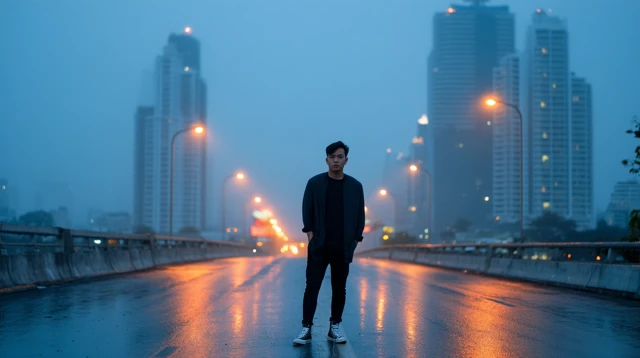 Thai Man Standing Alone on Bridge in Bangkok