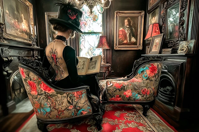 Victorian Muse Reading in Grand Living Room