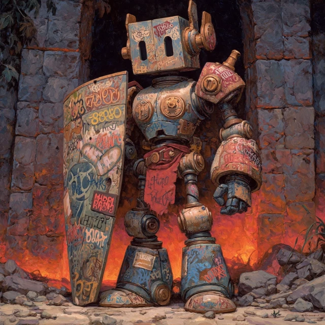 Postapocalyptic Robot Warrior Oil Painting