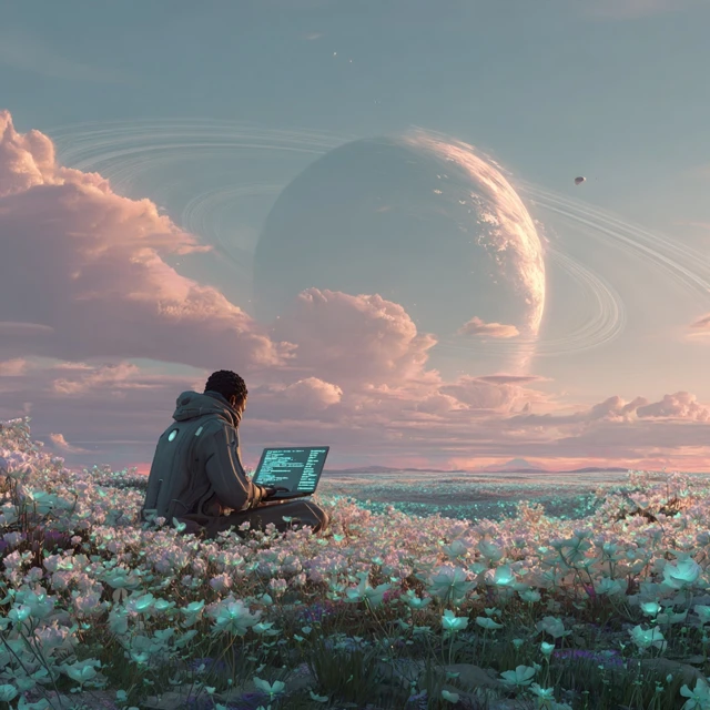 Futuristic Coder in a Dreamy Meadow SciFi Art