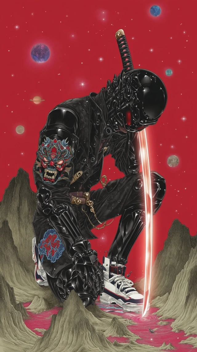 Space Samurai in Chrome Armor Anime Illustration