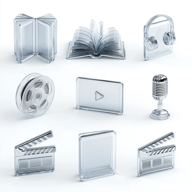 3D Glass Media Icons Book Audiobook Headphones Movie Clapperboard