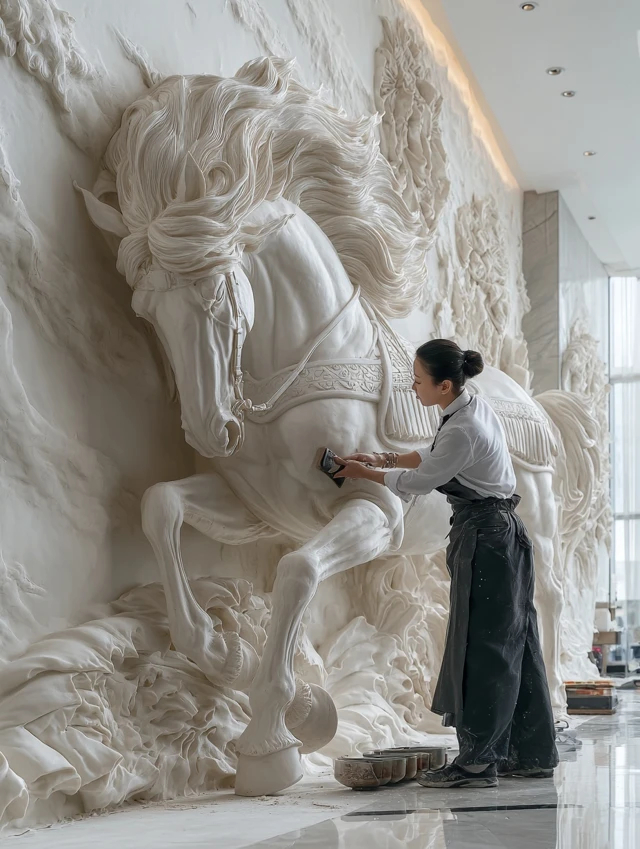 Luxury Bedroom with Horse Relief Mural