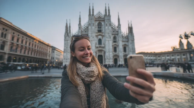 Milan Cathedral Selfie: Woman in front of Duomo
