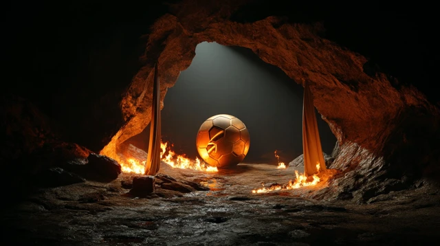 Soccer Ball in Cave Burning Flames Dramatic Scene