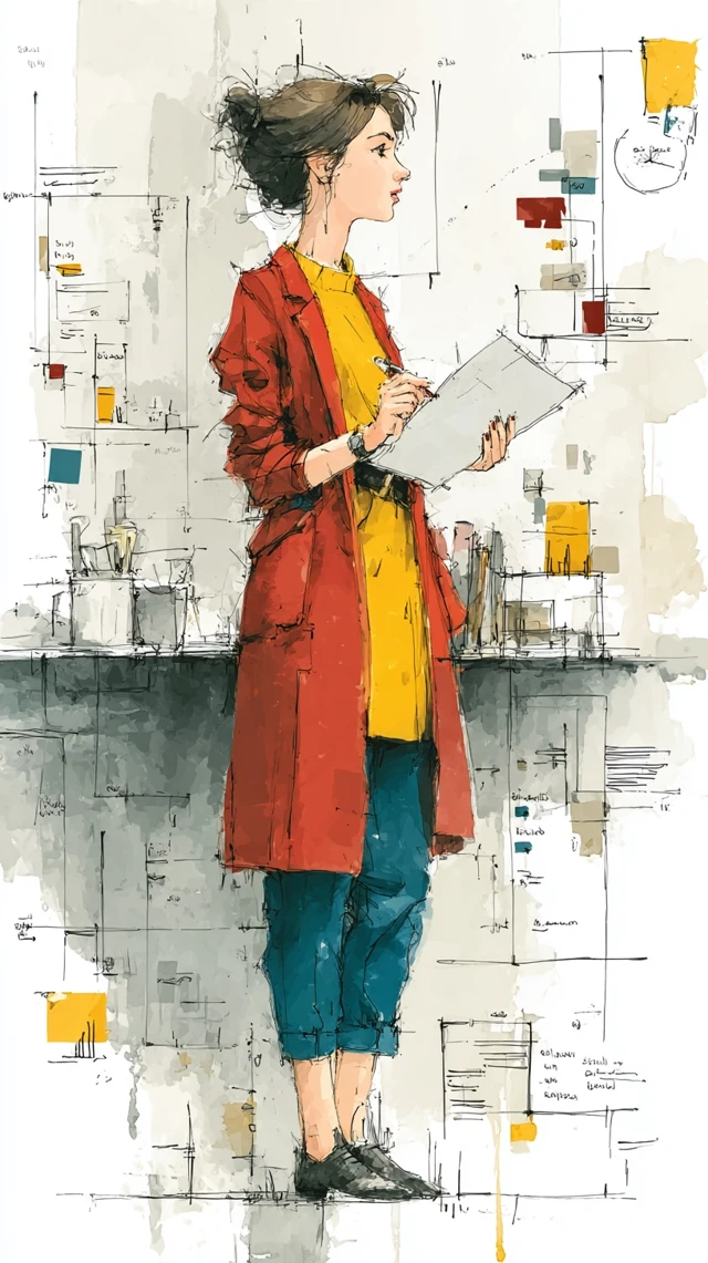 Executive Woman Reviewing Report Watercolor Art