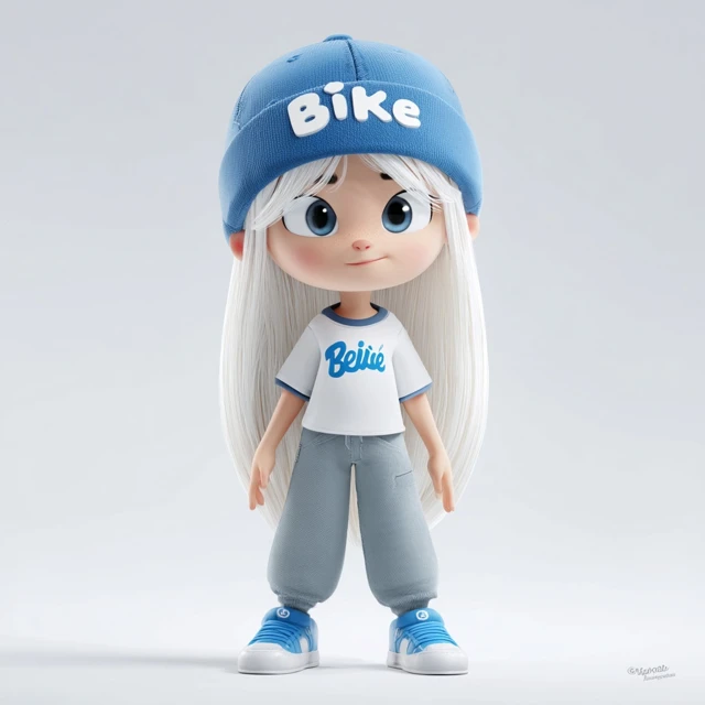 Cute 3D Girl in White Hair and Blue Outfit