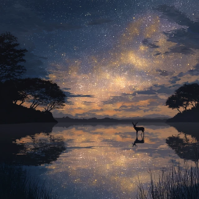 Starry Lake Deer Silhouette Illustration