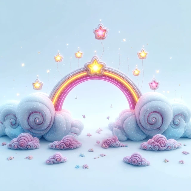 Magical Rainbow Fantasy Scene with Clouds and Stars