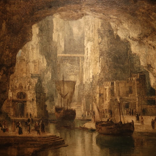 Harbour in a Cave Arnold Bocklin Style Oil Painting