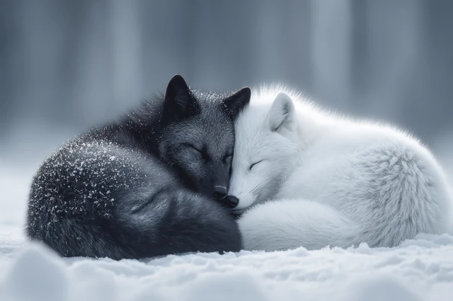 Black and White Wolves Sleeping in the Snow