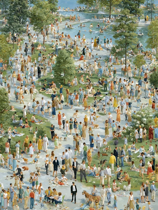 Urban Park Scene - People, Trees, and Socializing