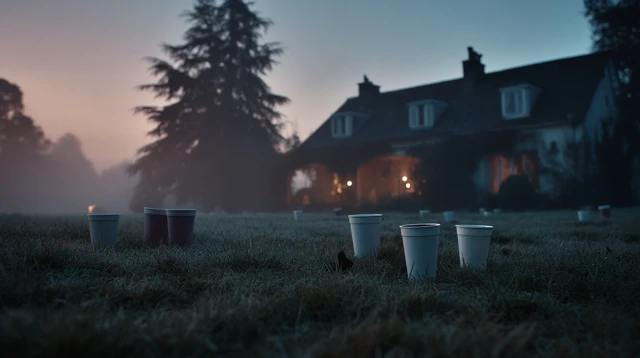 Eerie Party Scene Abandoned House at Dawn