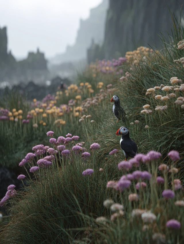 Puffins in Iceland Coastal Grassland