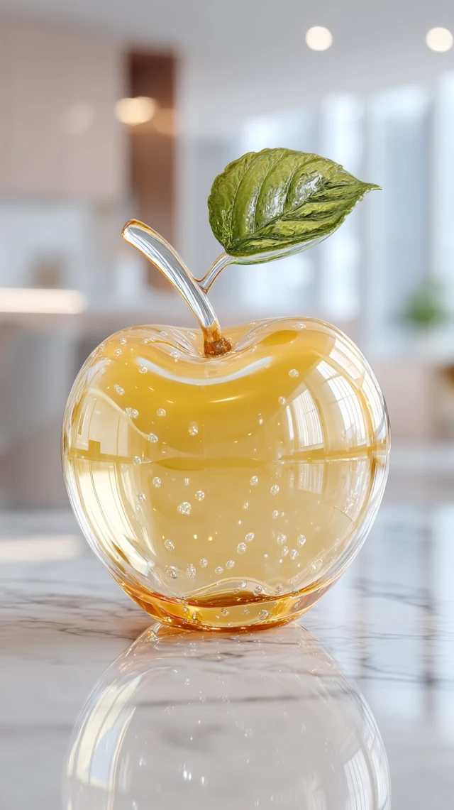 Glass Apple on Marble Table Hyper Realistic Image