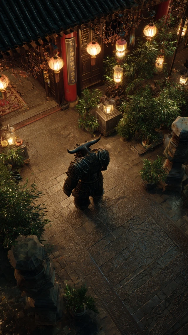 Chinese Monster Bull Head in Ancient Courtyard
