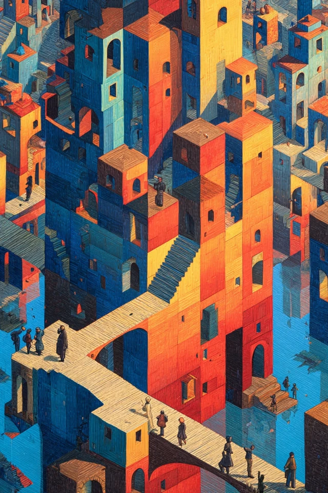 Escher Cubist Urban Scene Illustration