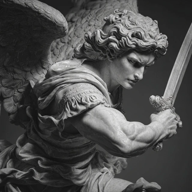 Archangel Michael Marble Sculpture Dramatic Lighting