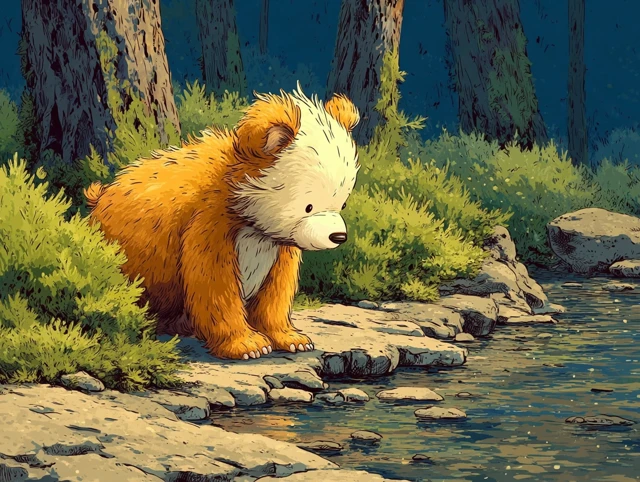 Cute Bear Cub by a Stream Illustration