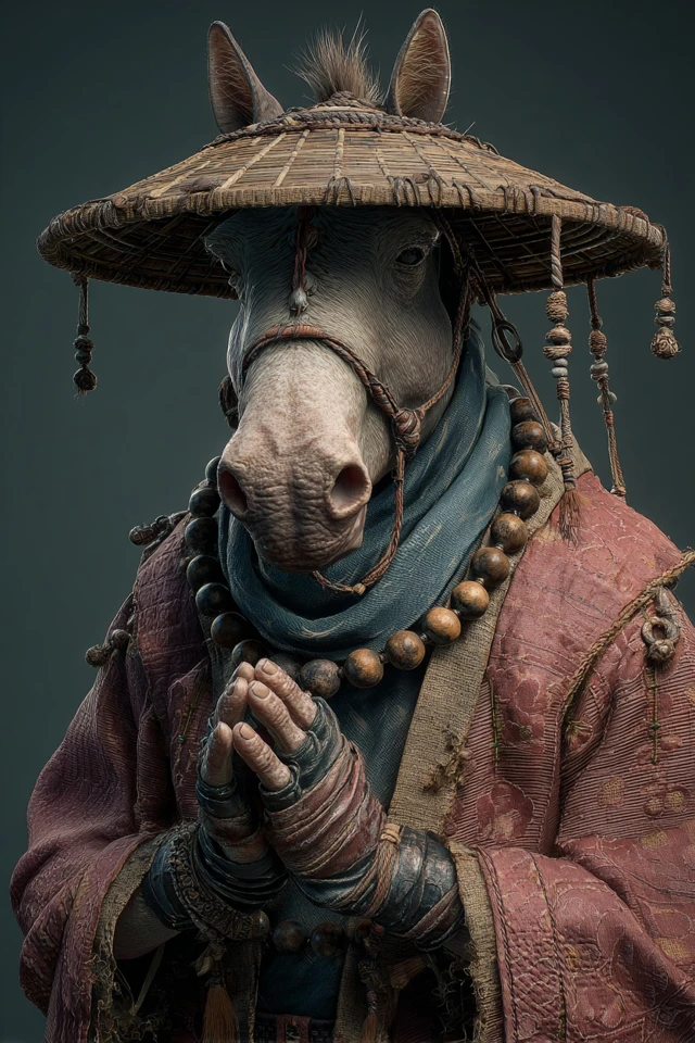 Anthropomorphic Monk Horse in Robe and Bamboo Hat