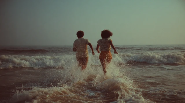 Couple Running into Beach Water Portugal Sunset