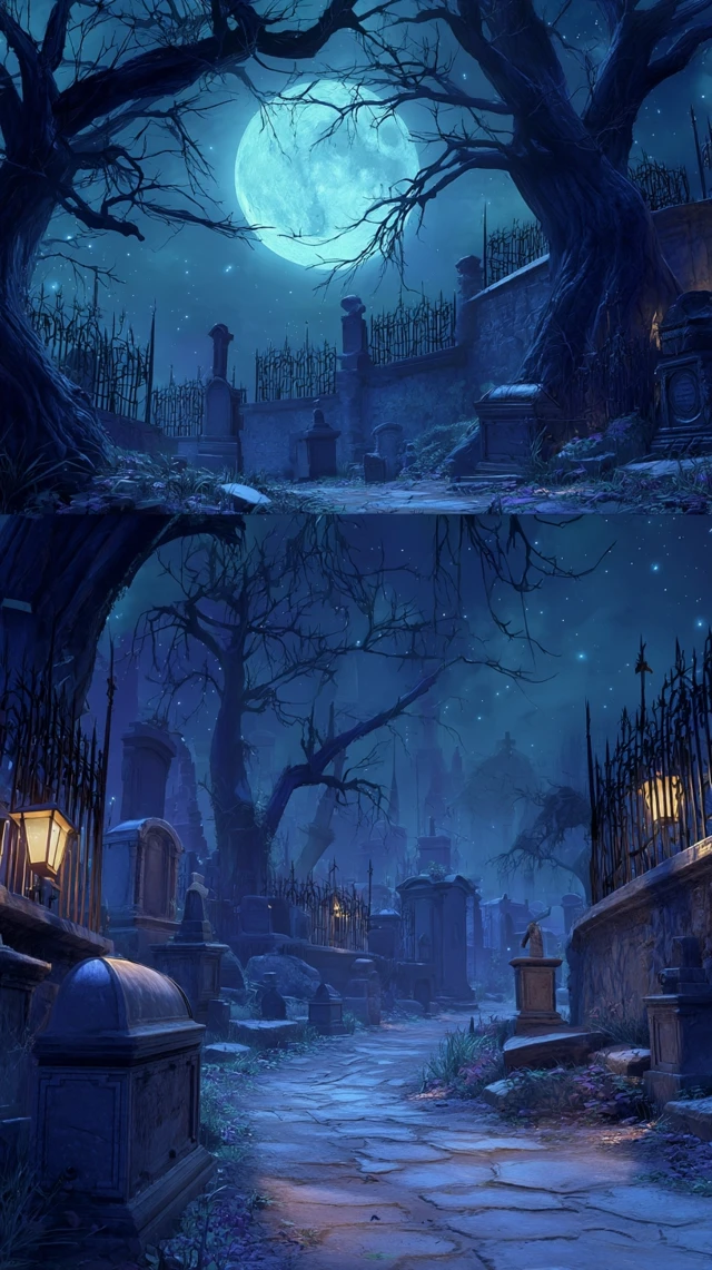 Haunted Cemetery at Night Spooky Illustration