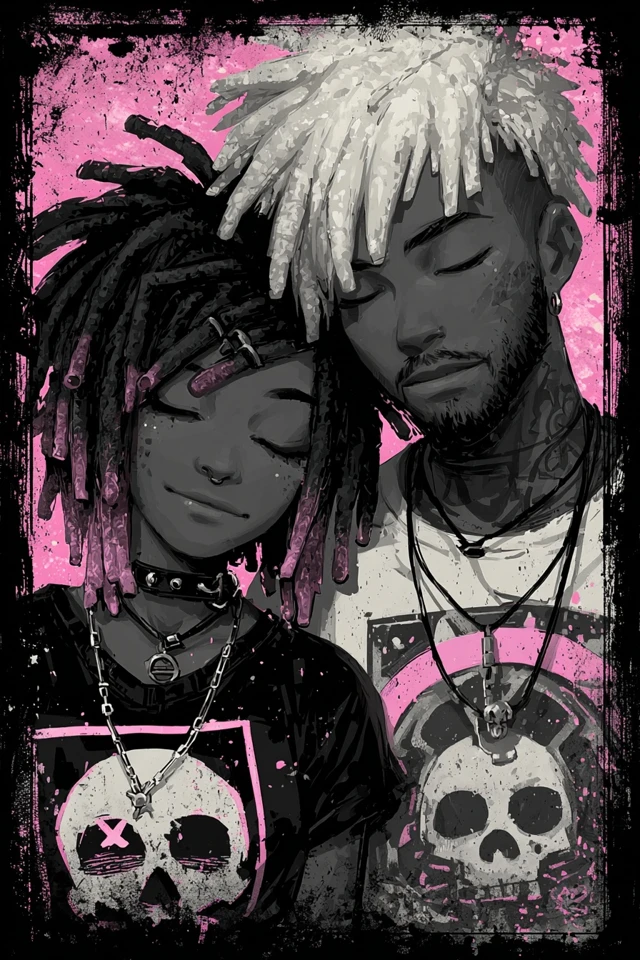 Emo Couple Illustration Pink Black Skulls