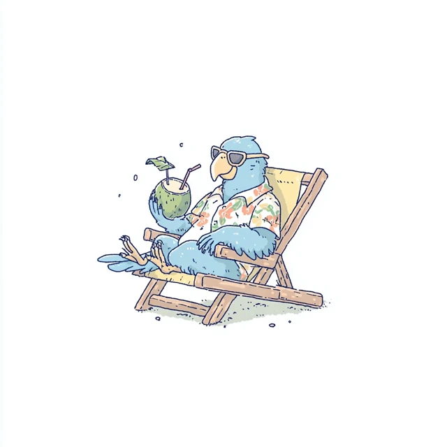 Cute Cartoon Parrot on Vacation Drinking Coconut Juice